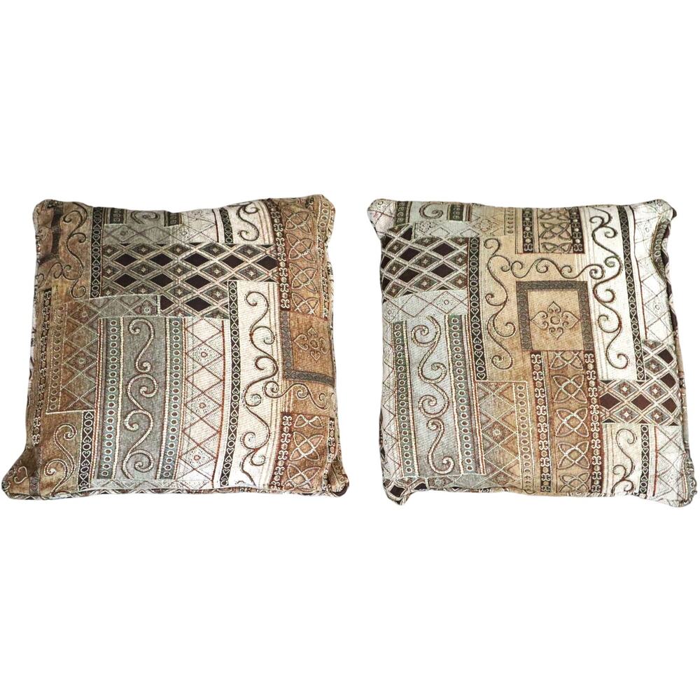 Vintage 90s Boho Pillow SET of 2 LARGE Square Geometric Tapestry Brown Cream